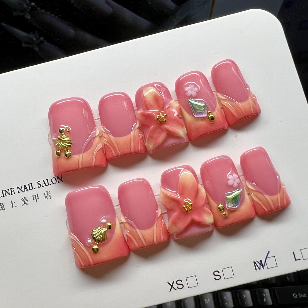 European Style Pink Gradient 3D Flower Nail Tips - Handcrafted Wearable Nails