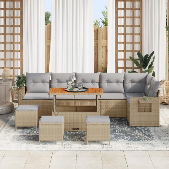 Ensemble de canapé de jardin 10 pièces avec coussins beige poly rotin acacia, Ensemble de salle à manger de jardin 4 pièces 3361772