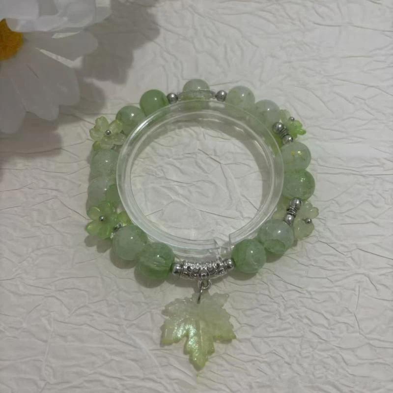Crystal Beaded Bracelet Cute Leaf Pendant Lucky Blessing Hand Chain Fashion Accessory for Girls Daily Outfit