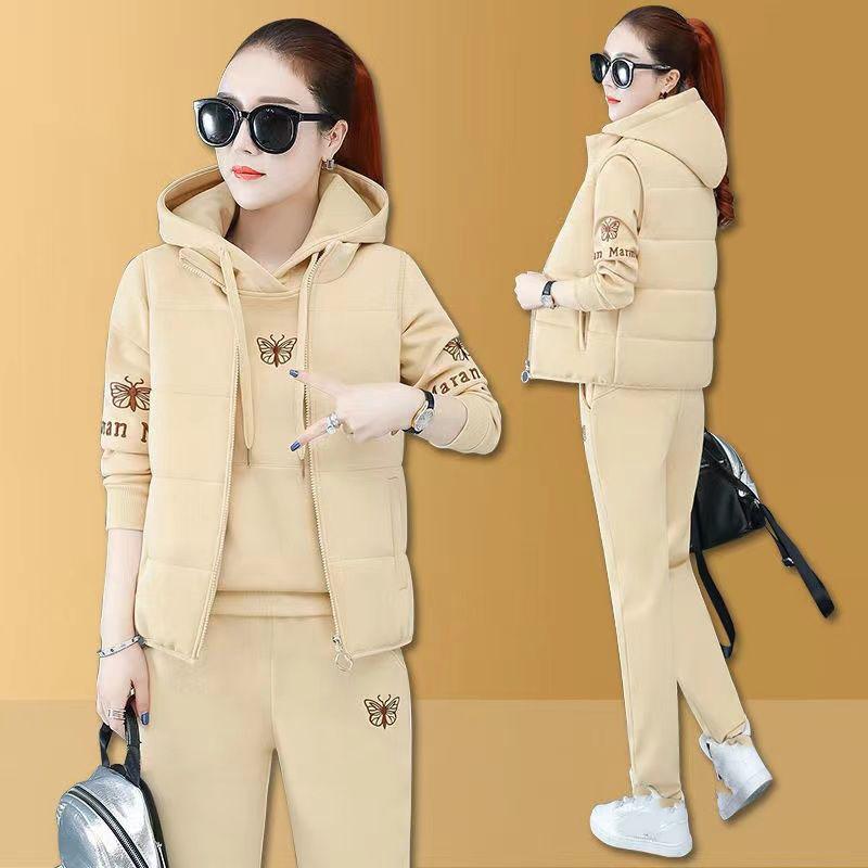 

Комплект из трех предметов: женский жилет, толстовка с капюшоном, брюки, комплект, утепленное пальто, вышитый капюшон, длинные рукава, эластичный пояс, брюки, зимний спортивный костюм, спортивная одежда XS бежевый