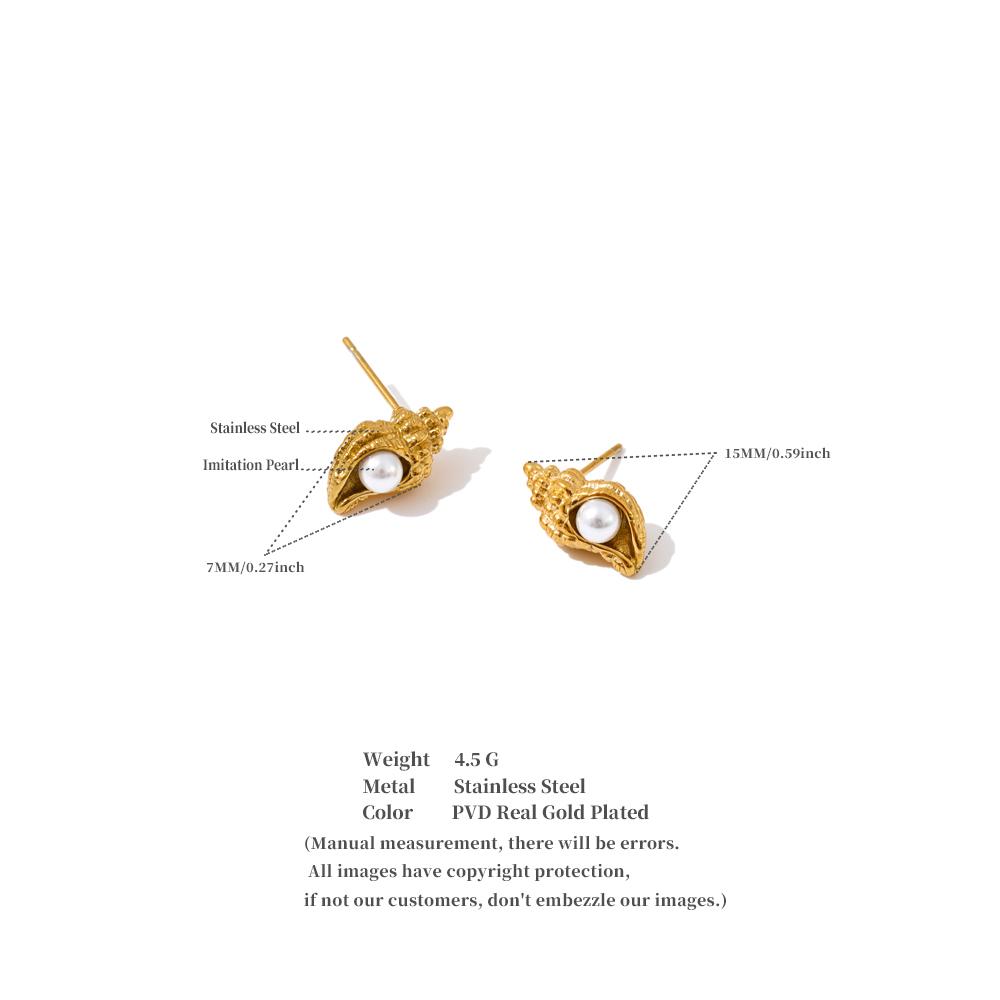 Yhpup Ocean Style Stainless Steel Pearls Conch Small Stud Earrings for Women Waterproof Trendy Chic Daily Jewelry Wholesale