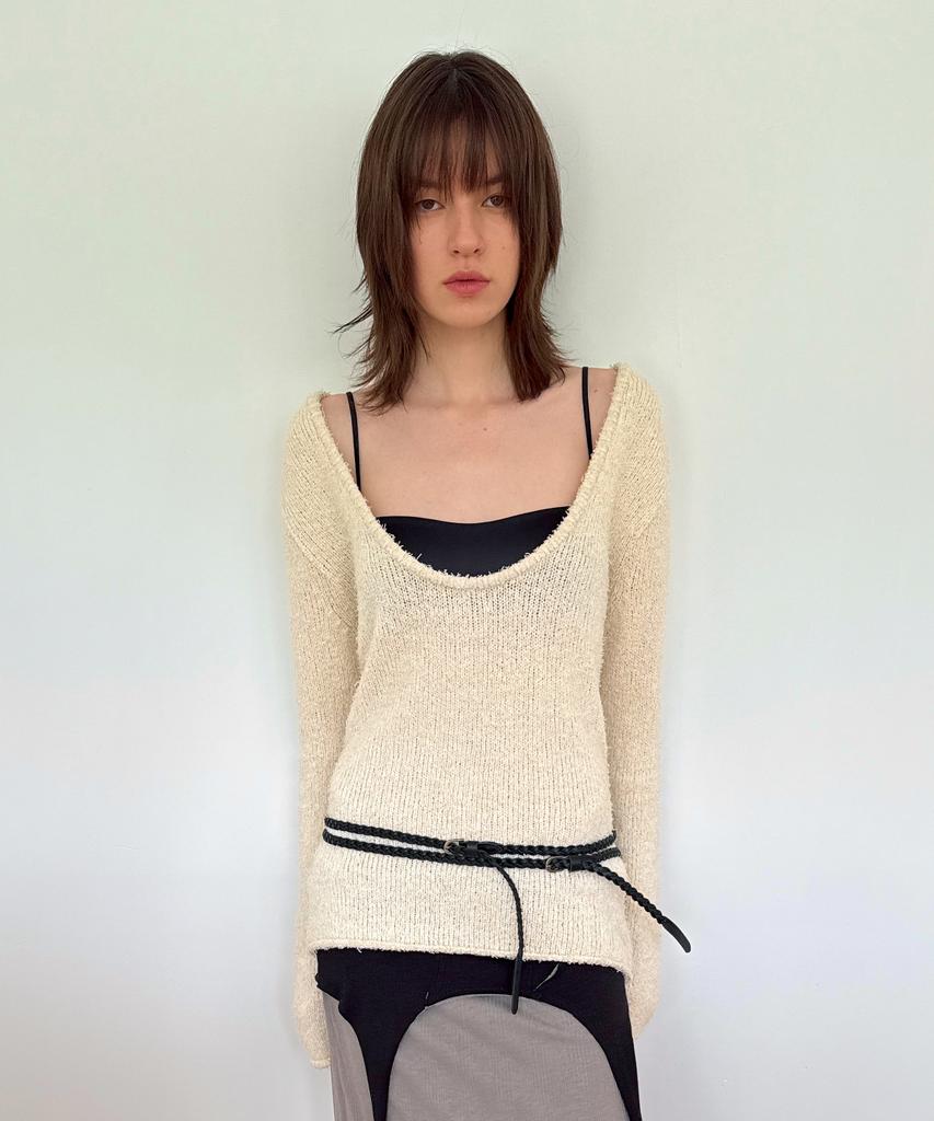 DIAGONAL U Neck Basic Knit (Ivory)