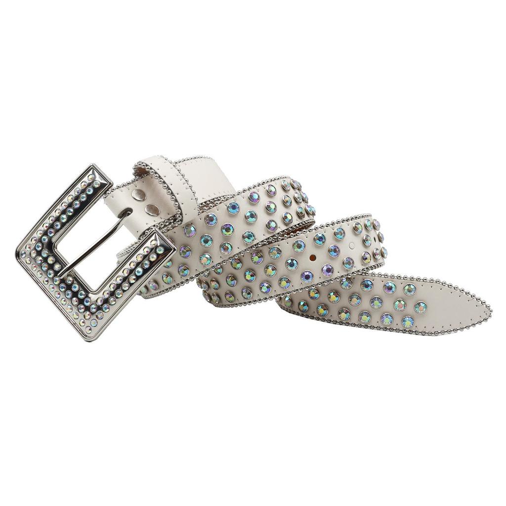 New Trendy PU Leather Belt with Rhinestone Square Buckle - Y2K Western Style