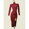 Fashion Brand Pure Color Base Skirt Fashion Style Turtleneck Silm High Slit Sexy Knitting Hip Bag Dress