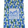Great HERMES Tie All-over Logo Print Blue Green Multi Silk Mens 5089 PA Used