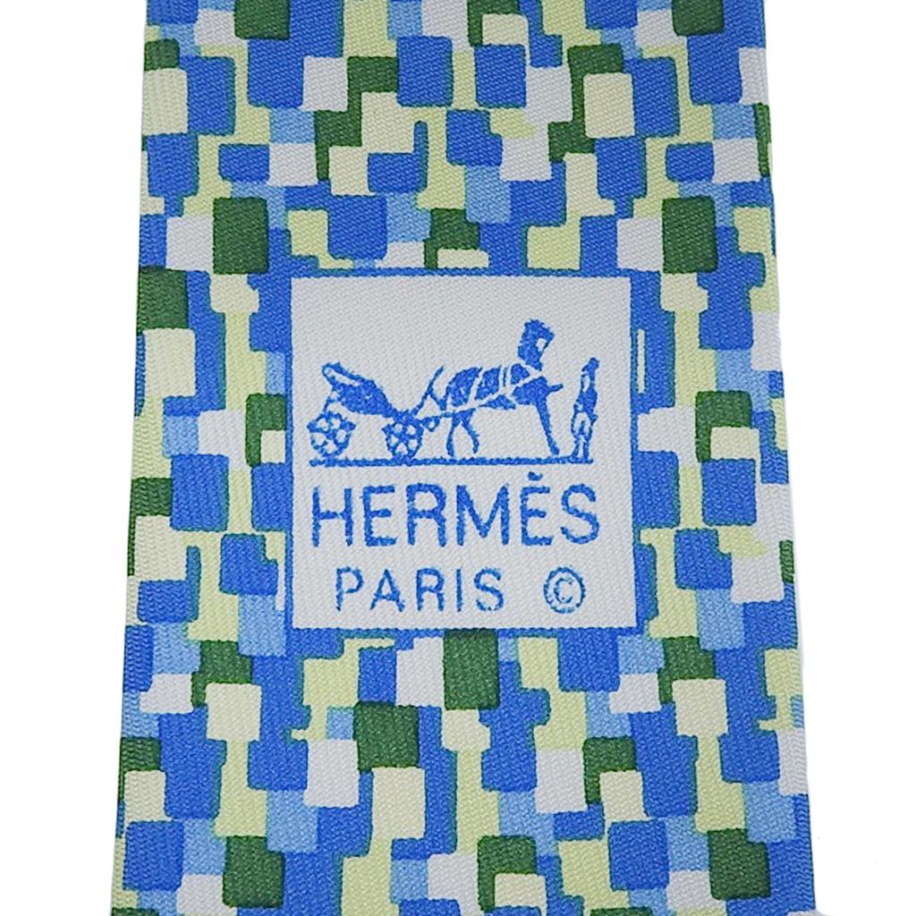 Great HERMES Tie All-over Logo Print Blue Green Multi Silk Mens 5089 PA Used