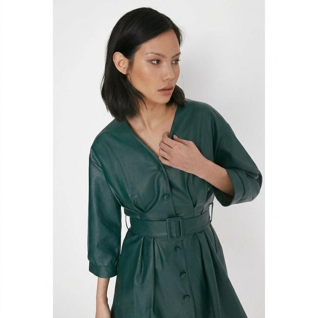 Handmade Casual Classy Soft Green Women's Stylish Leather Dress Genuine Lambskin
