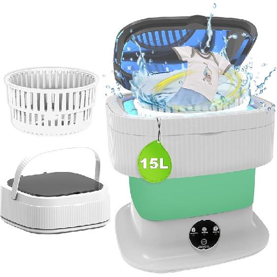 

Портативная стиральная машина, 15 л Складная мини-стиральная машина с центрифугой, 2 в 1 Маленькая стиральная машина с 3 режимами Глубокая стирка для детских вещей Green and white