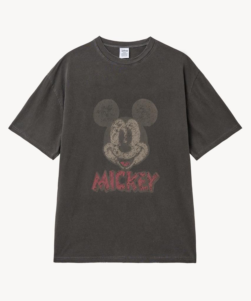 VTWO Vintage Pigment Damaged Washed Face _Mickey_ T-Shirt (Black)