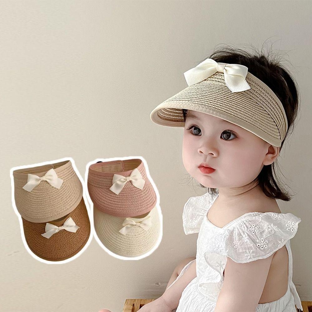 

Korean Baby Straw Caps Empty Top Visor Cap Trendy Bow Straw Hat 5-36 Months Style 1
