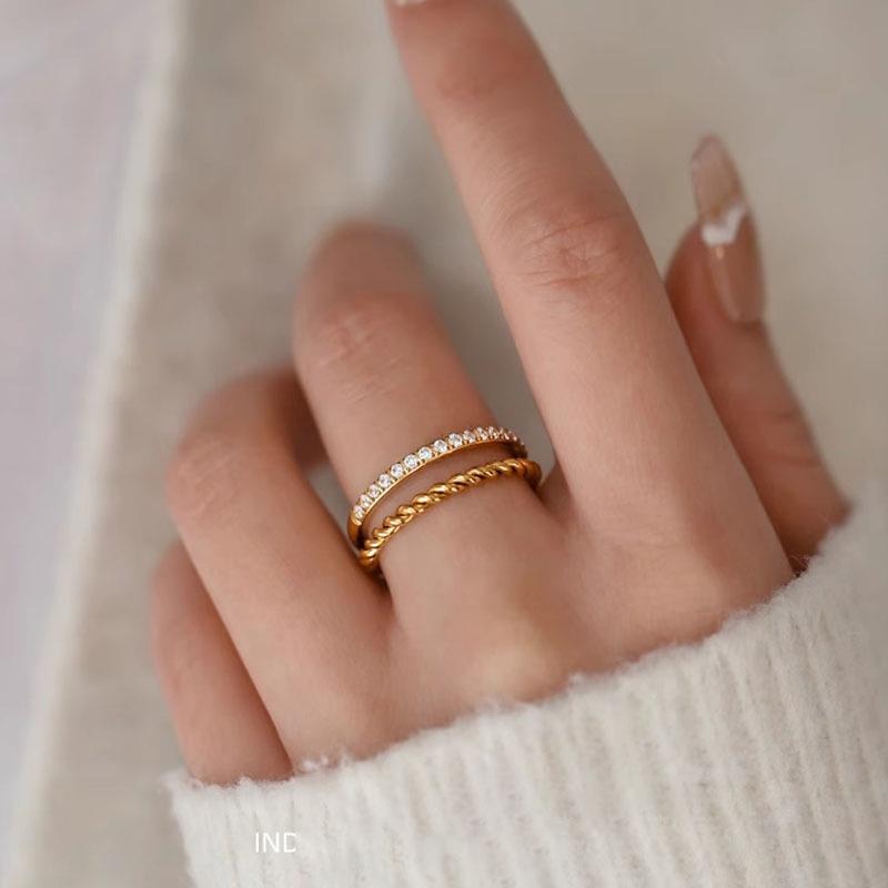 Stainless Steel Waterproof 18K Gold-Plated Geometric Round Ring for Women Fashion High Quality Retro INS Zircon Ring Jewelry