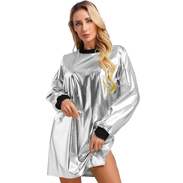 

Женское блестящее металлическое вечернее платье с длинным рукавом и круглым вырезом, футболка, клубная одежда XL серебряный