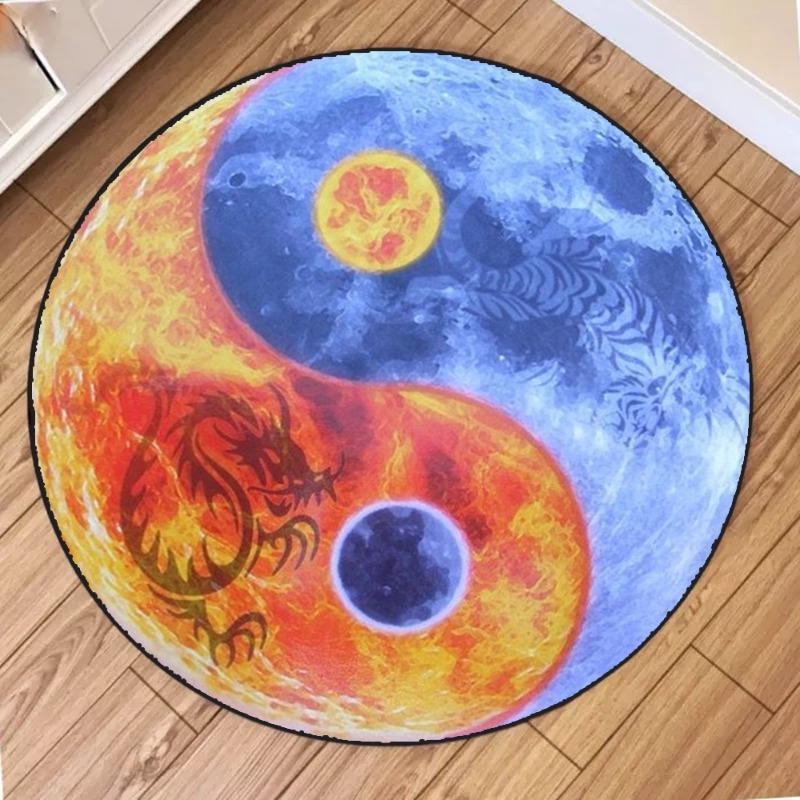 Water Fire Tai Chi Diagram Round Rug Non-Slip Wear-resistant Circle Carpet for Living Room Bedroom Soft Floor Mat Home Decor
