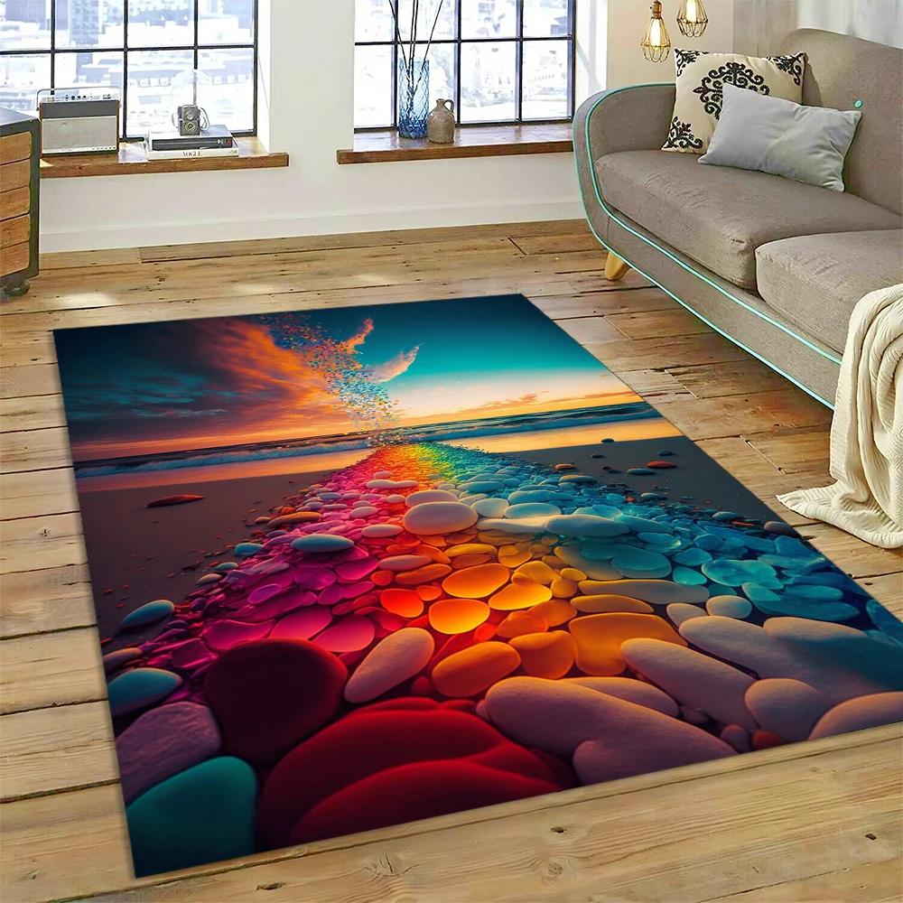 2025 New Style Colorful Pebble Rainbow Road Beach Stone Scenery Carpet Rug for Living Room Bedroom Home Sofa,Non-slip Floor Mat