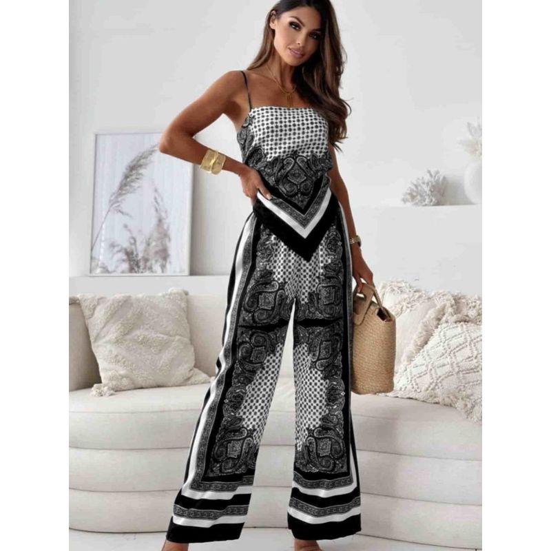 Summer European and American off-Neck Sexy Backless Print Sling Wrap-around Elastic Waist Positioning Flower Trousers Two-piece Suit Women