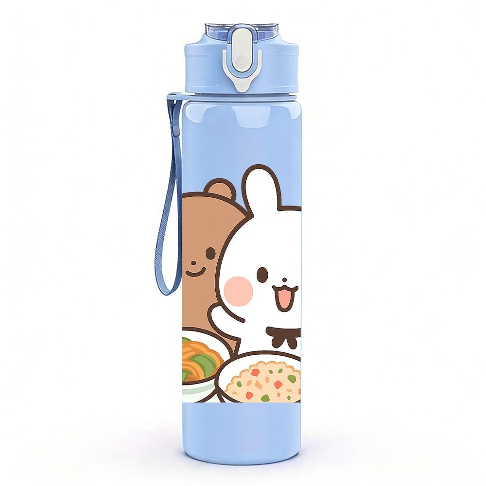 1PC Bear Bunny Food Cartoon Print 750ml Color Plastic Sports Water Bottle Leakproof Flip Straw Lid Suitable for Sports Office Home Use