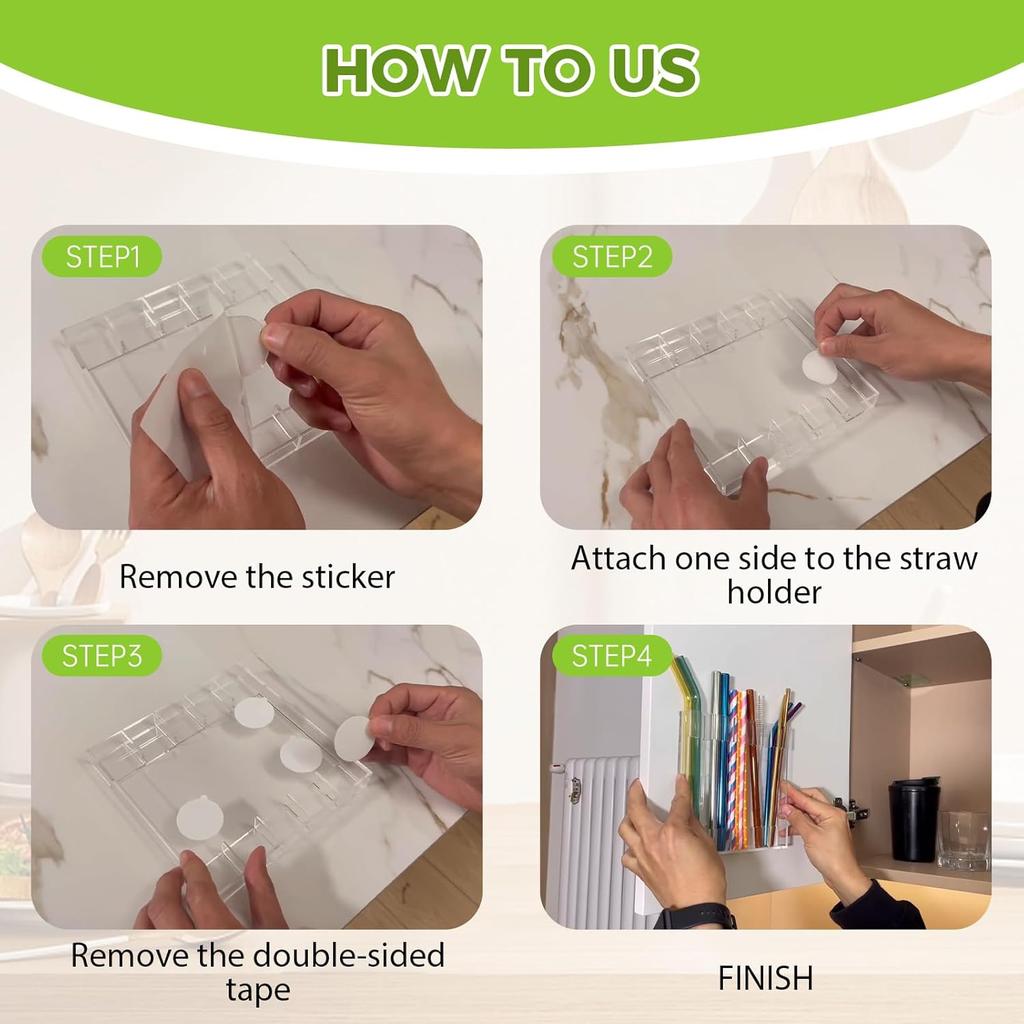 2 Pack Large Acrylic Straw Holder,Straw Rack with Double Sided Tape Organizer,Reusable Straws for Counter Cabinet Cupboard Kitchen (Clear)