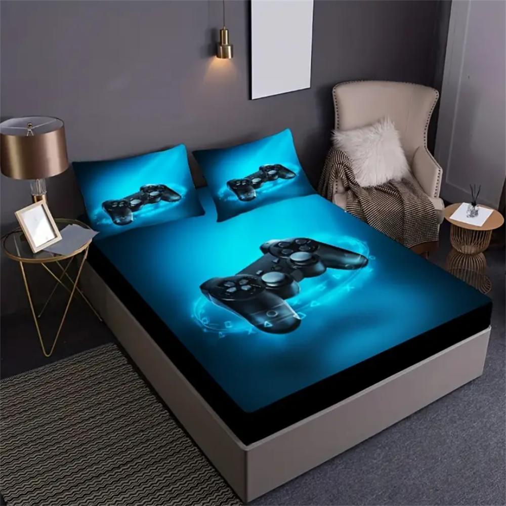 2/3pcs Gamepad Print Fitted Sheet Set (1* Fitted Sheet + 1/2*Pillowcases, Without Core), Mattress Covers Bedding, Soft Comfort