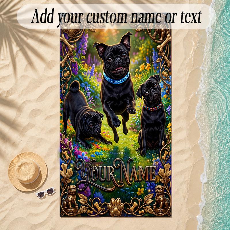 Pug Theme Soft Beach Towel Personalized Custom Name Text Towel Portable for Beach Pool Travel