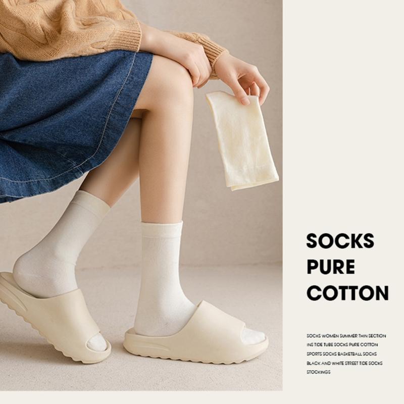 Women Girls Summer Spring Casual Cotton Slouch Crew Socks Japanese Style Solid Color Ice Silk Cooling Middle Tube Socks
