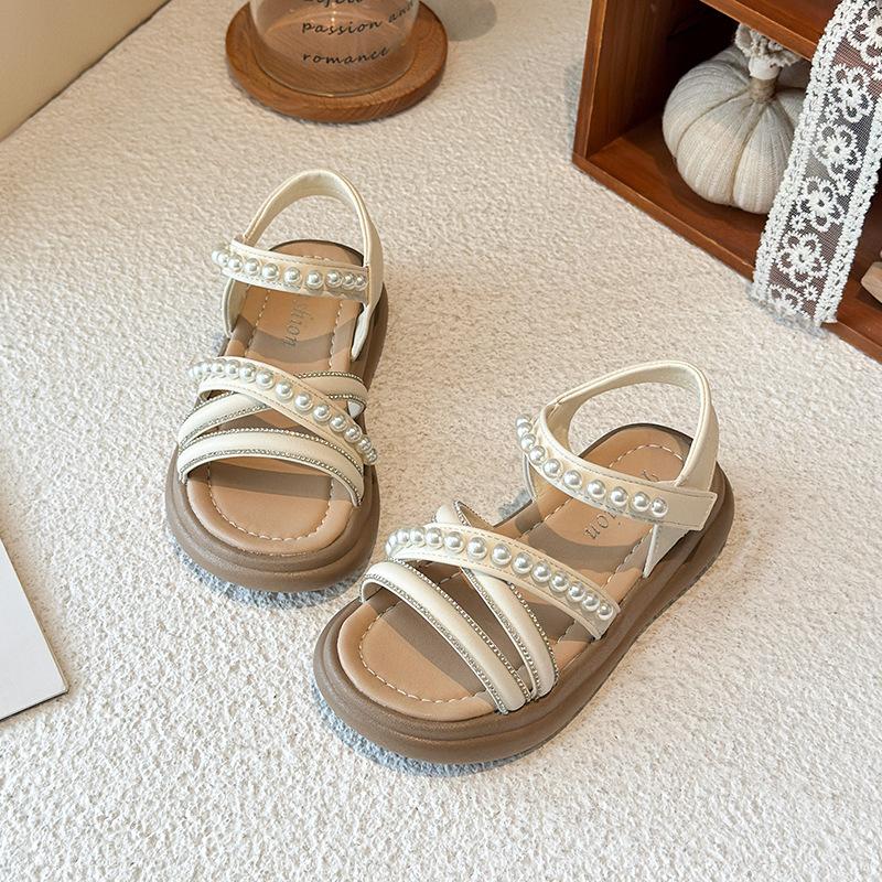 Girls Pearl Roman Sandals Summer Soft Sole Princess Children Shoes For Big Kids Comfortable Beach Footwear