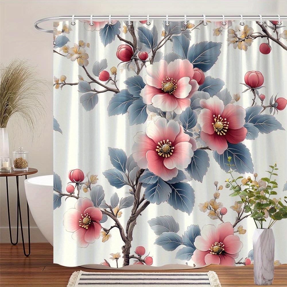 1Pc Romantic Peony Floral Shower Curtain - Large Pink And White Peonies On A Cream Background, Polyester Fabric With Hook
