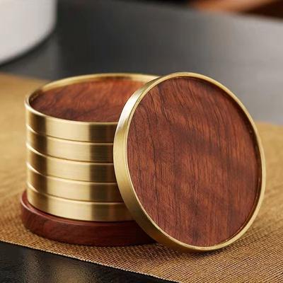 Juego de Posavasos de Palo de Rosa Madera de Ébano Alfombrilla Redonda Resistente al Calor Bebida Taza de Café Oficina Hogar Cocina Almohadilla para Mesa con Cobre Antideslizante