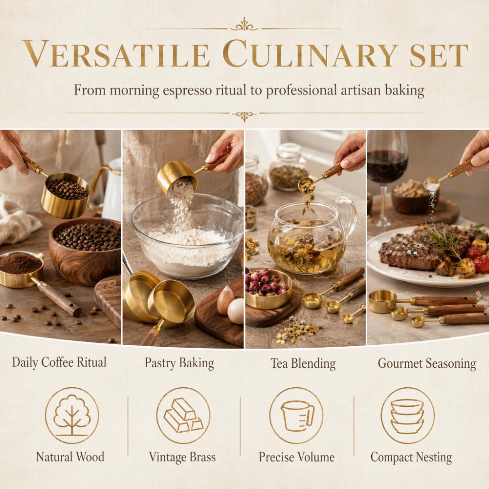 8Pcs Wooden Handle Measuring Spoon Set Gold Brown Baking Measuring Tool Home Kitchen