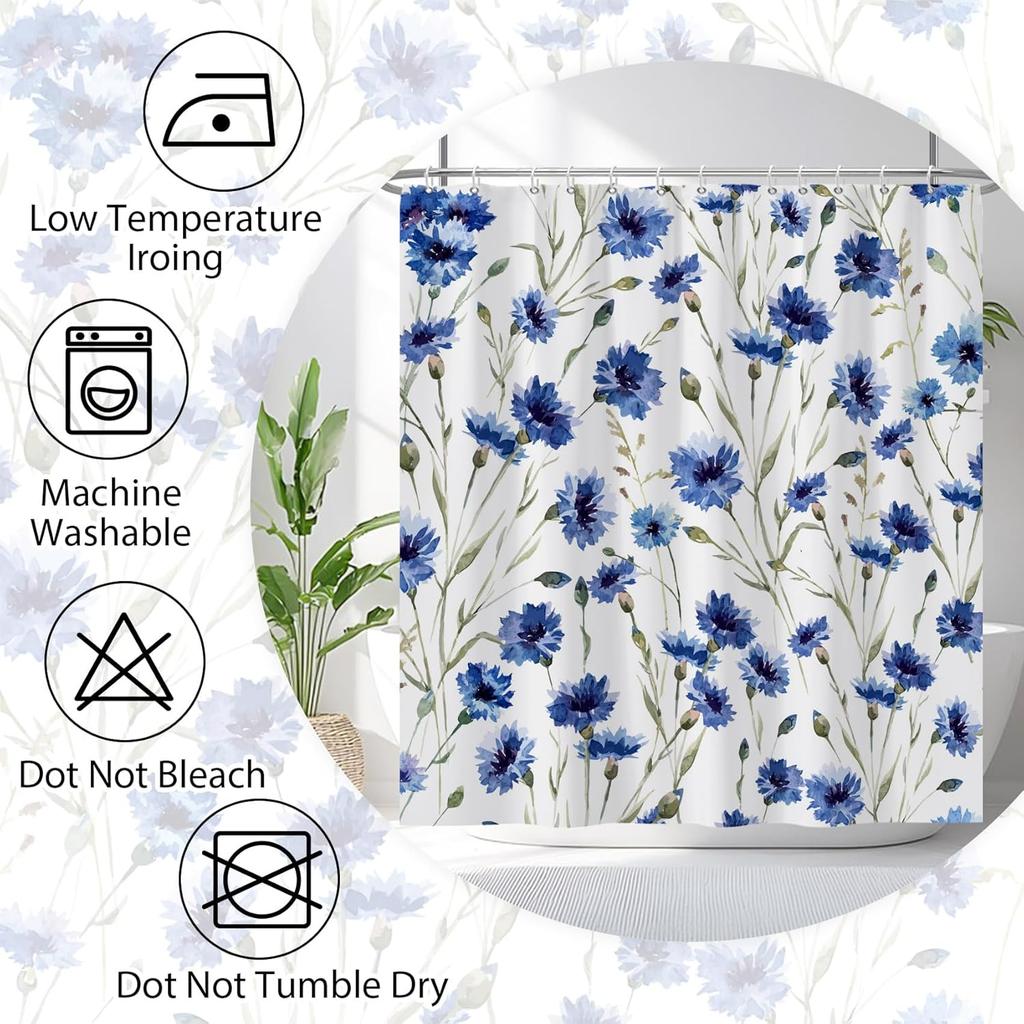 Blue Watercolor Floral Shower Curtain, Botanical Wildflower Design, Waterproof Polyester With Hooks