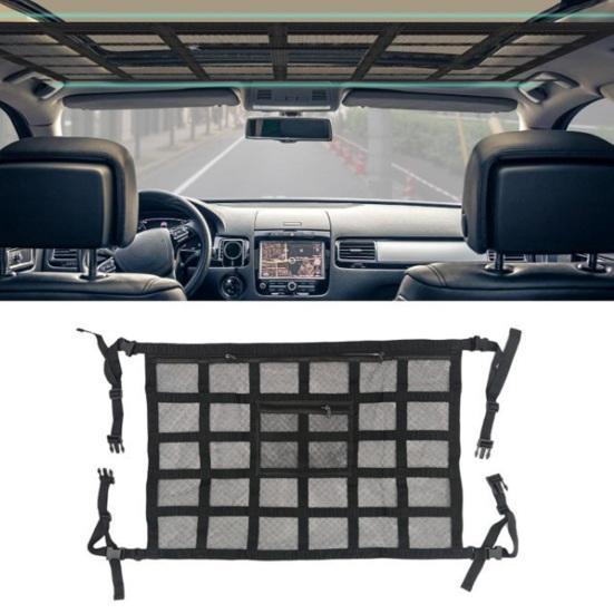 Samochodowa Siatka do Przechowywania na Suficie Wisząca Torba z 4 Zapięciami Podwójna Warstwa Siatki 9 Wzmocnionych Pasków Siatka do Bezpiecznego Przechowywania Lekkich Przedmiotów