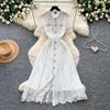 French celebrity style pink lace dress women's summer short-sleeved lapel waist A-shaped skirt temperament