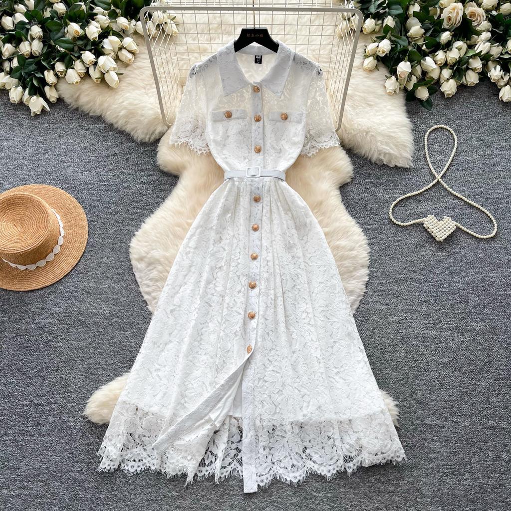 French celebrity style pink lace dress women's summer short-sleeved lapel waist A-shaped skirt temperament