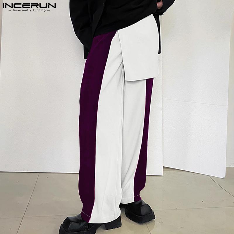 INCERUN Men Casual Zipper Waist Patchwork Wrap Loose Straight Pants