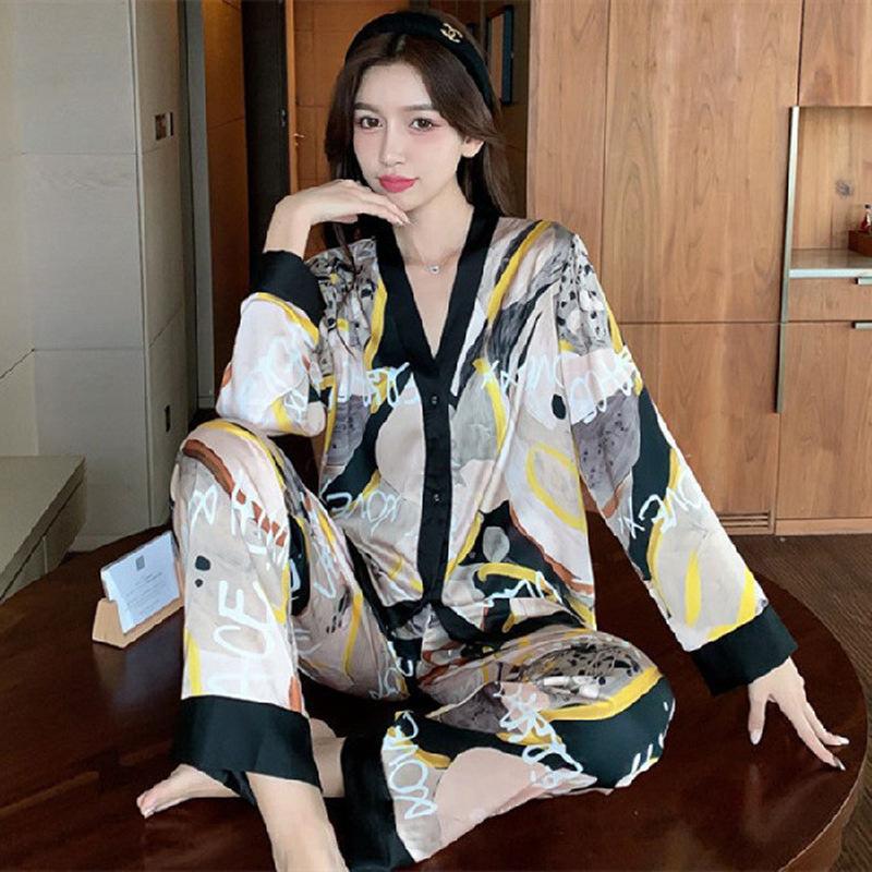 Women's Lingerie Pajamas Set Two-piece Silk Pajamas Long-sleeved Cardigan Trousers Printed Home Clothes Warm Season and Autumn Pajamas