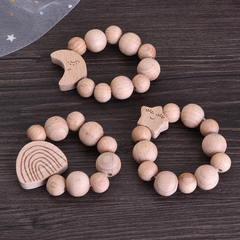Baby Beech Wood Pacifier Clip Hand Ring Set Wooden Round Bead Soother Nipple Chain For Nursing Toy Infant Teether Teething Chain