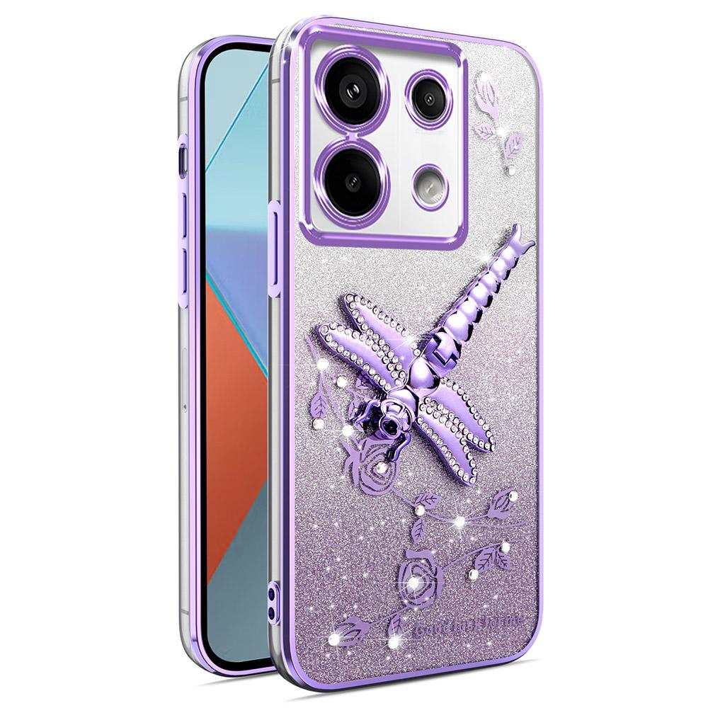 For Xiaomi Redmi Note 13 Pro 5G Case Dragonfly Kickstand TPU Flowers Glitter Phone Cover
