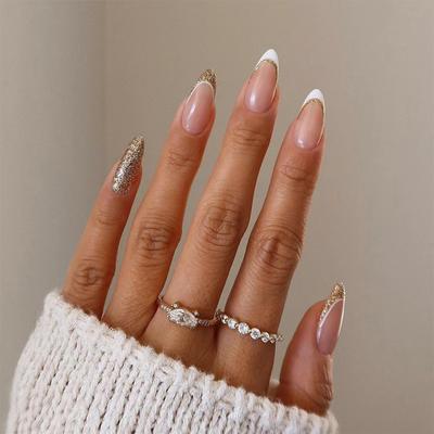 24Pcs/Set Quick Nails White Gold Dust French False Nials Sticker Wearable Waterproof Manicure Finished Nails