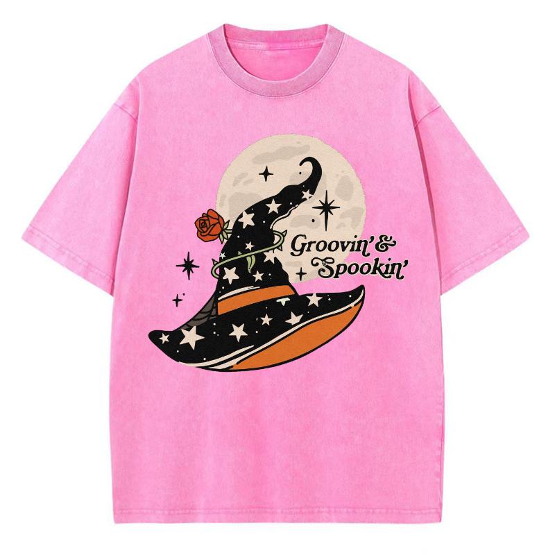 Halloween Print Women's T-Shirt Washed Denim Cotton Short Sleeve Oversized Crew Neck Top For Everyday Casual Wear