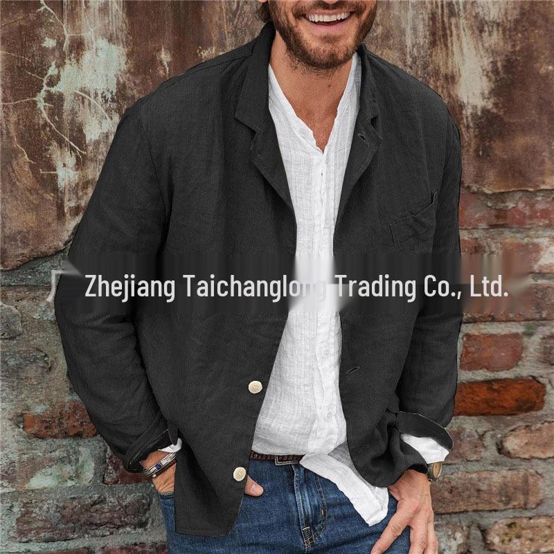 Men s Cotton Linen Casual Cardigan Jacket - Long Sleeve, Solid Color, Spring/Autumn L чёрный