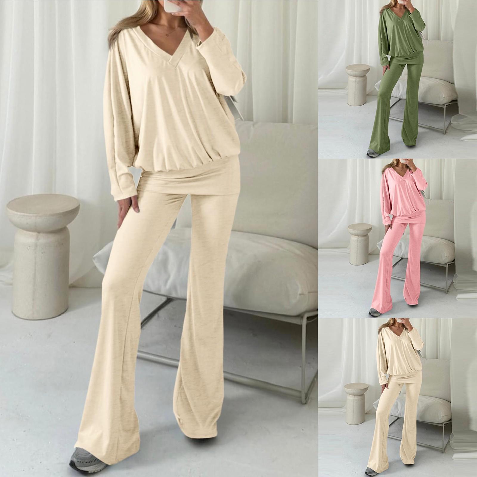 

Комплект из 2 предметов: пижамы для женщин, топы, футболка и длинные брюки, повседневный комплект M бежевый