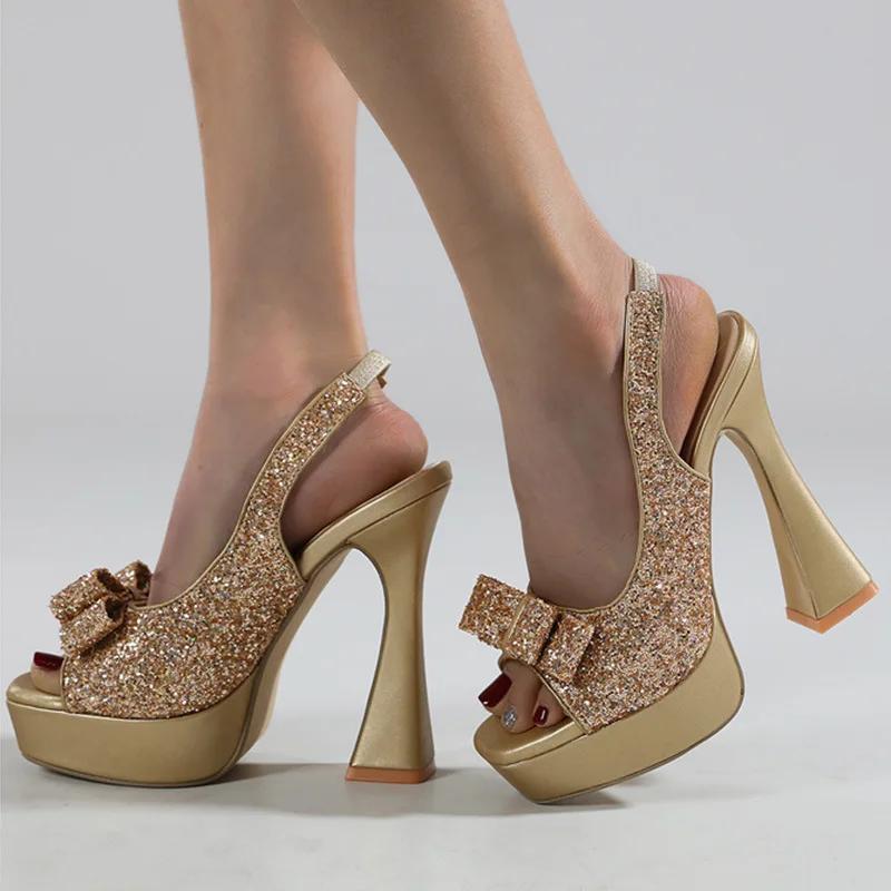 

Новые блестящие блестящие эластичные резинки сзади ремешок толстые высокие каблуки женские босоножки сексуальные открытый носок платформа толстый бант вечерние туфли 35 золотой