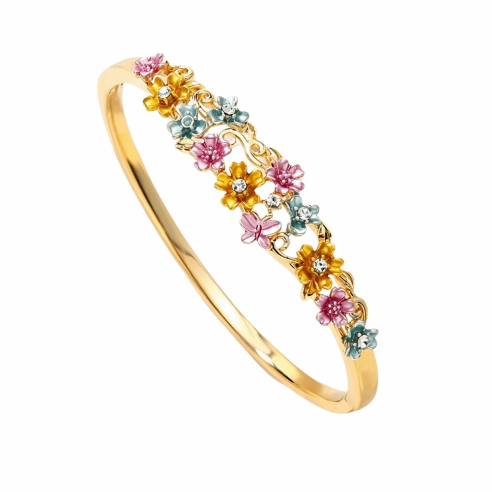 Rhinestone Decor Enamel Bracelet Colorful Floral Open Cuff Bangle Wedding Jewelry
