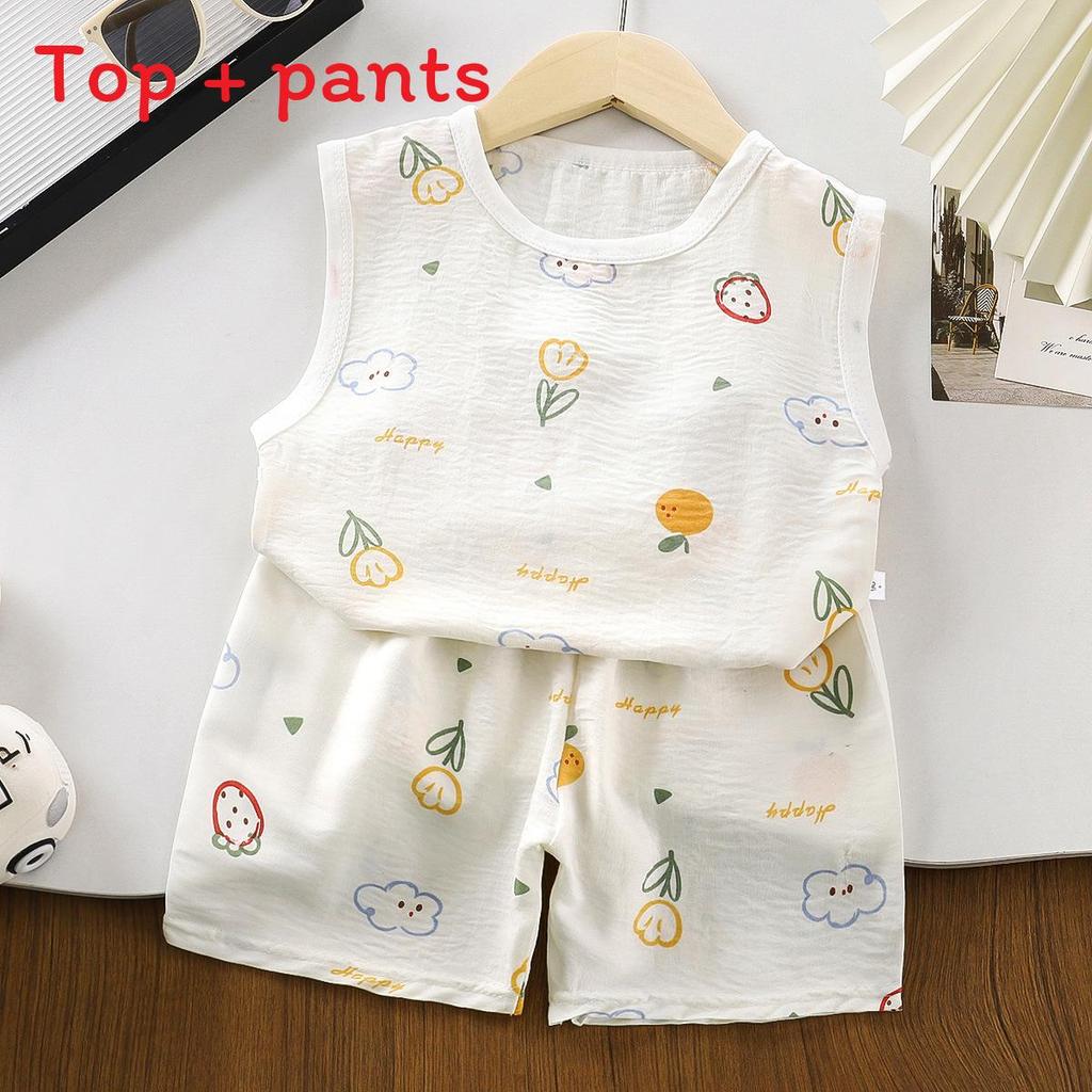 Baby Cartoon Sleeveless Vest And Shorts Summer Set For Toddler Boys And Girls