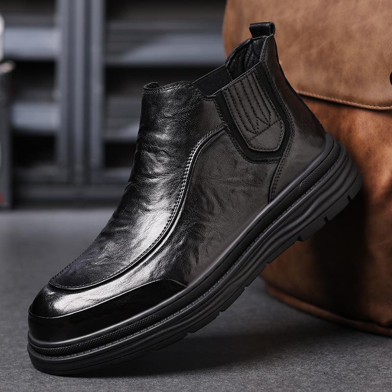 Martin boots men's British style leather medium help velvet warm men's new youth fashion Chelsea casual short boots