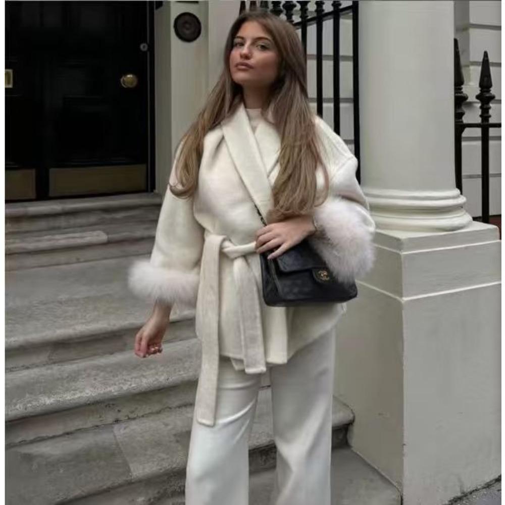 Fashion Lapel V-neck Woolen Coat Women Chic Lace Up Single Breasted Pocket Loose Jacket Lady Daily High Street Outwears