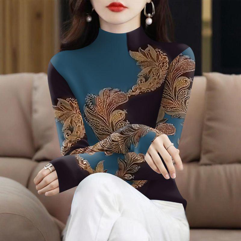 Plus Velvet Thickened Long Sleeve High Collar Printed Top for Middle-aged & Elderly Women – Tummy Covering, Spring/Autumn Fashion