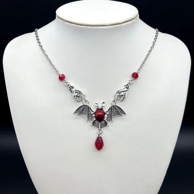 Stunning Gothic Vampire Bat Necklace Red Crystal Beads Vampire Bat Necklace Gothic Jewelry, Statement Necklace,