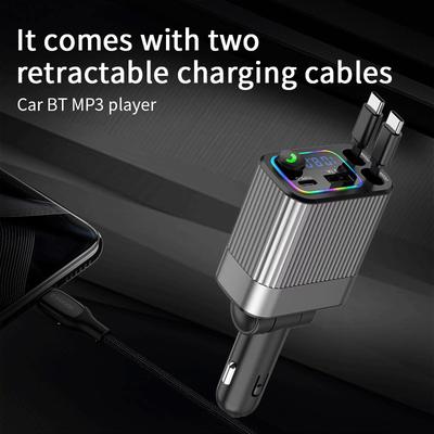 4-in-1 Retractable Car Charger Multifunction Bluetooth FM Transmitter PD USB C Fast Car Charging Adapter with Voltmeter Display