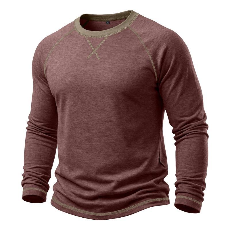 Mens Long Sleeve Round Neck Basic Color Block T Shirt