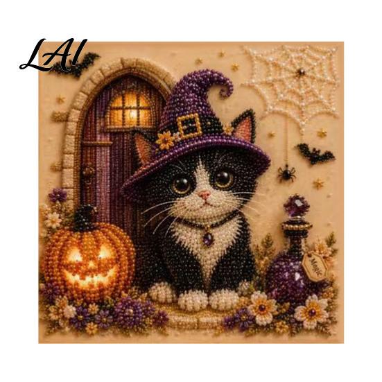 Autumn Home Decoration Halloween Cat Faux Pearl Painting Art Kit Spooky 3D Beads Moonlight Theme Crafts Cute Witch Gem Wall for Adults Craft Lovers